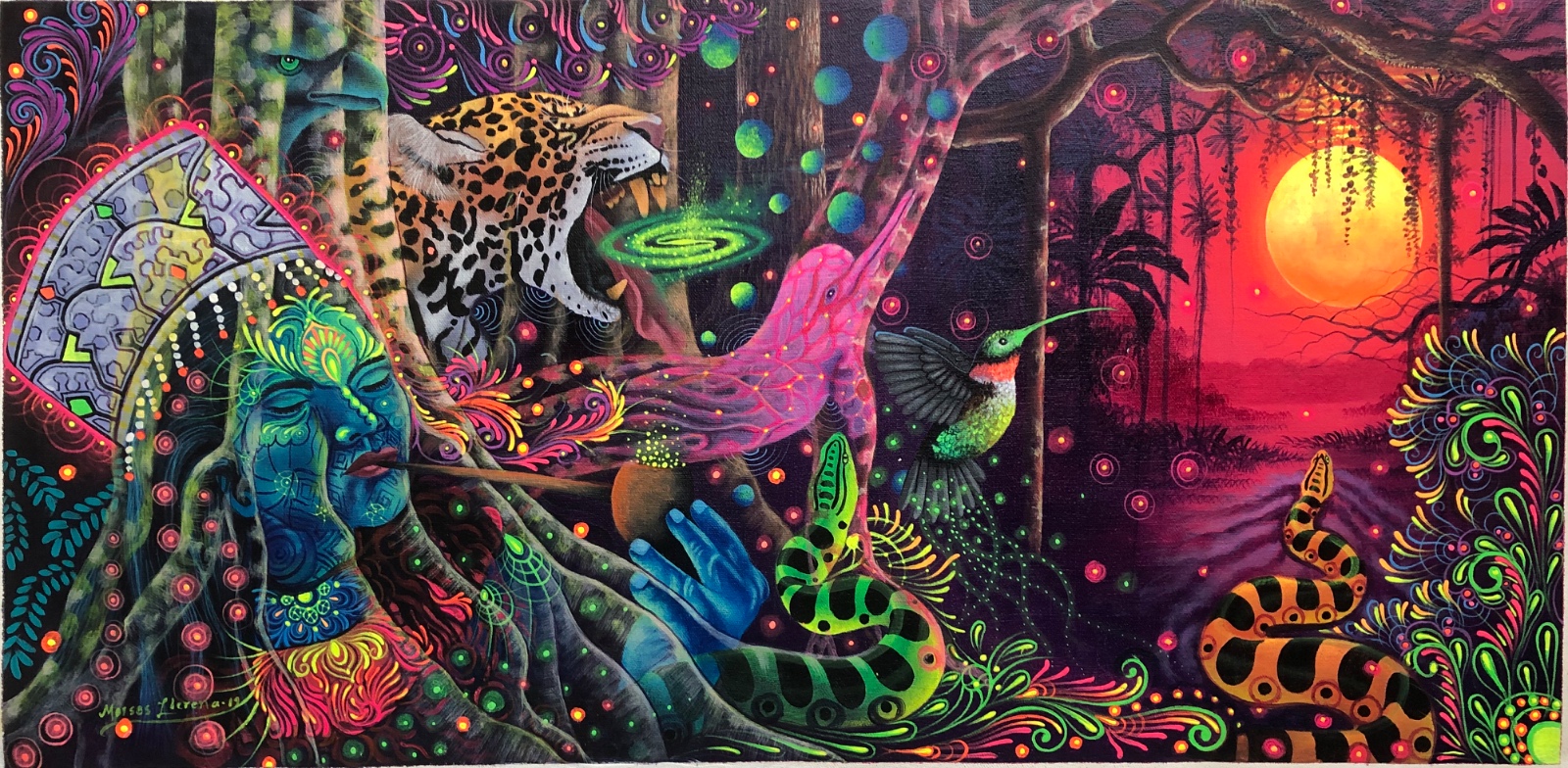 A panoramic visionary painting by Moisés Llerena — jaguar, hummingbird, anaconda and Amazonian moon